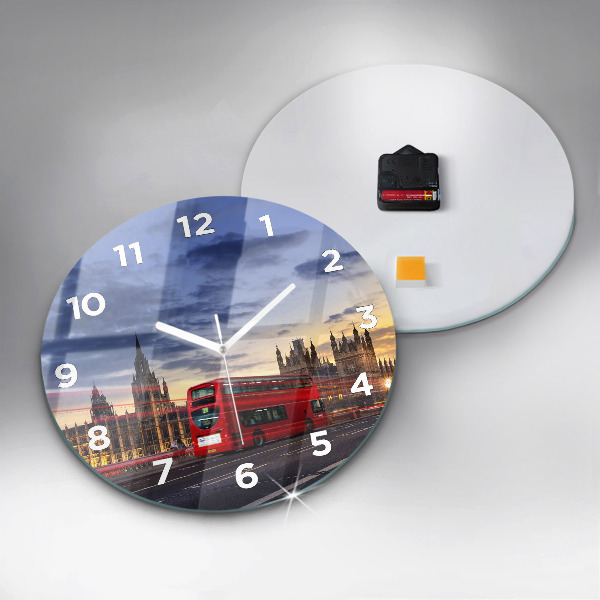 Round glass clock Red London Bus