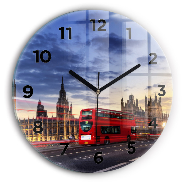 Round glass clock Red London Bus