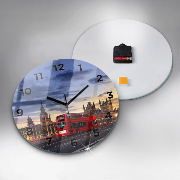 Round glass clock Red London Bus