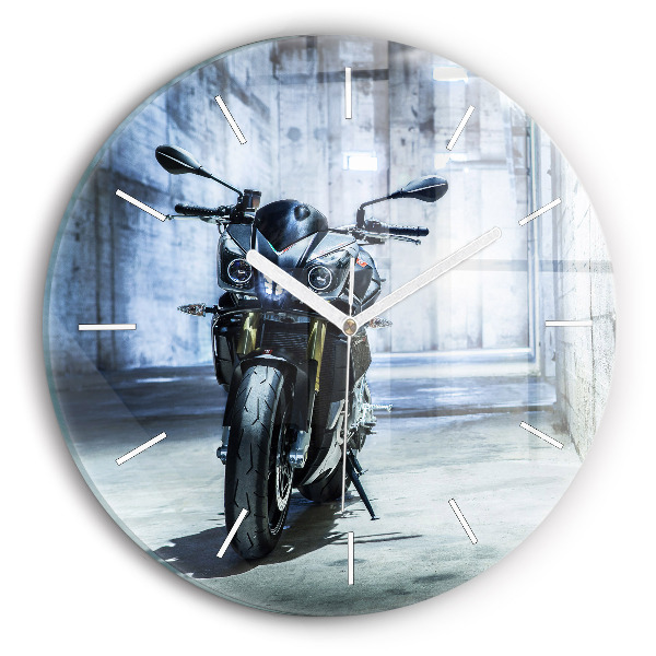 Round glass clock Motorcycle in the alley