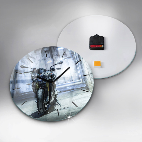 Round glass clock Motorcycle in the alley
