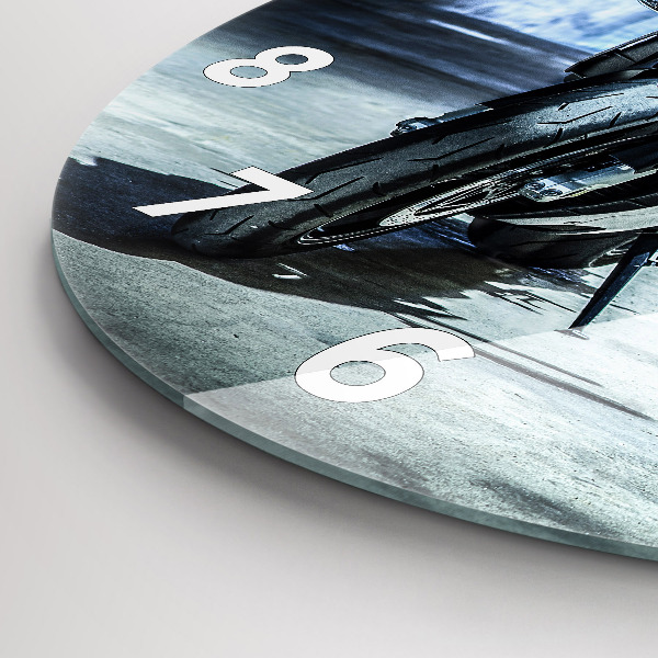 Round glass clock Motorcycle in the alley