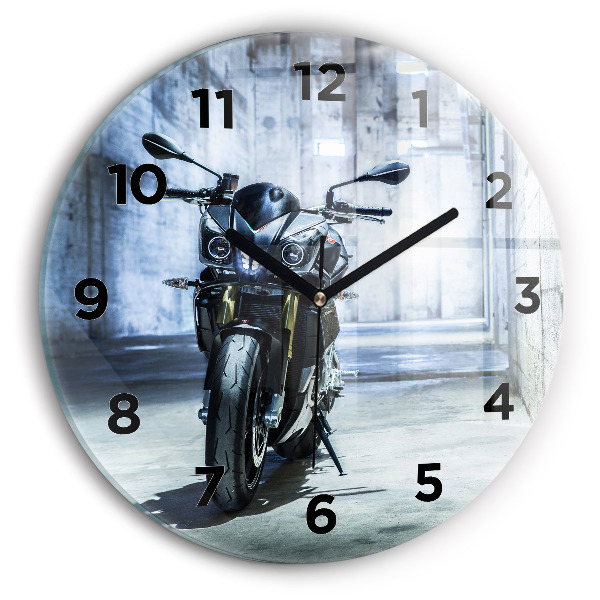 Round glass clock Motorcycle in the alley