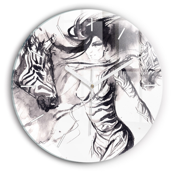Round glass clock Woman and zebras