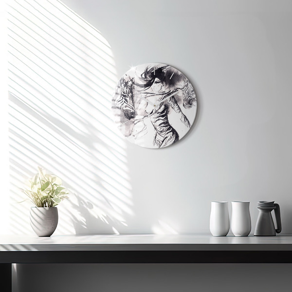 Round glass clock Woman and zebras