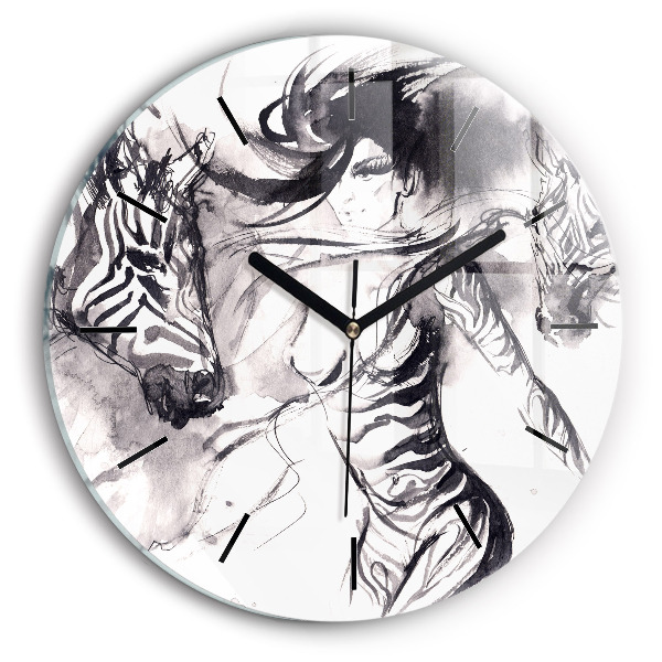 Round glass clock Woman and zebras
