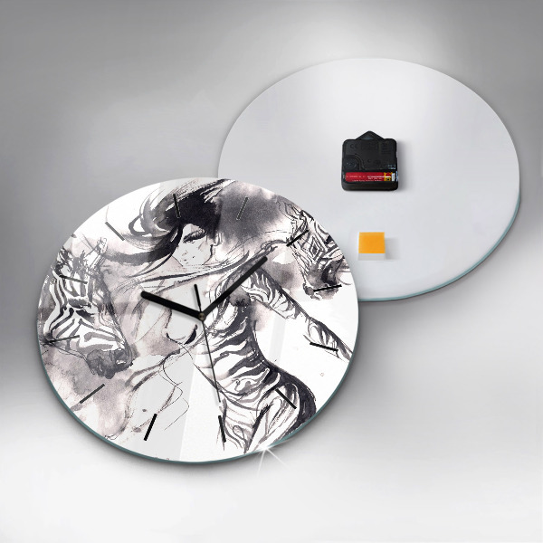 Round glass clock Woman and zebras