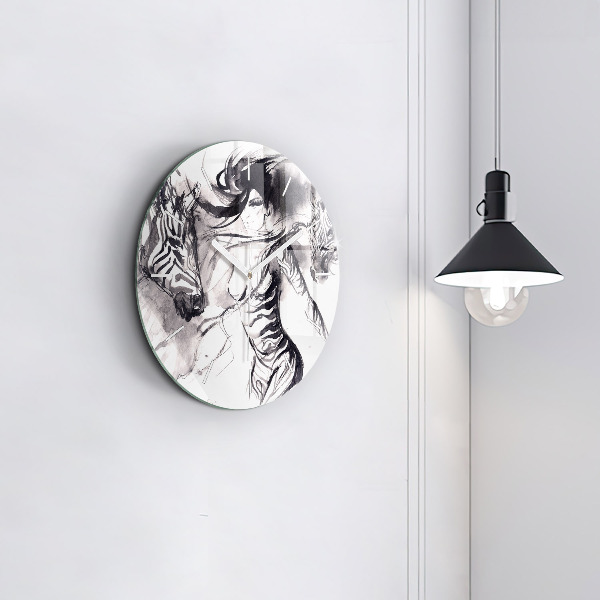 Round glass clock Woman and zebras