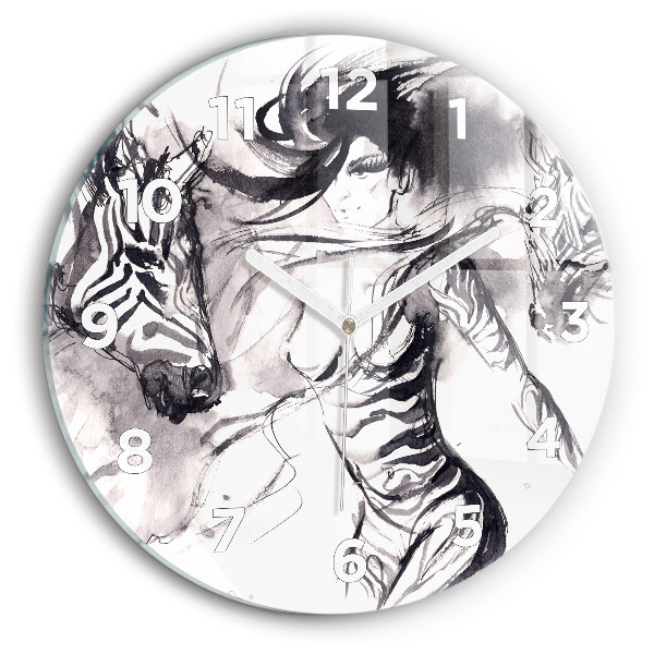 Round glass clock Woman and zebras