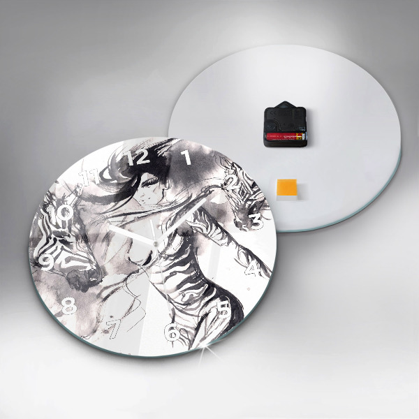 Round glass clock Woman and zebras