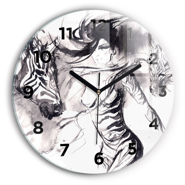 Round glass clock Woman and zebras