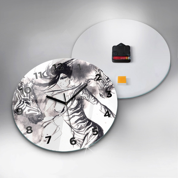 Round glass clock Woman and zebras