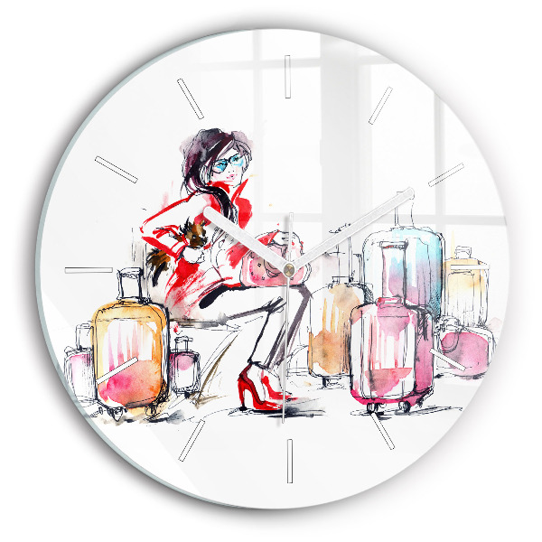 Round glass clock Woman with suitcases