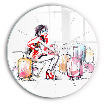 Round glass clock Woman with suitcases