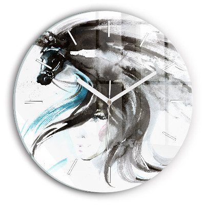 Round glass clock Abstract horse and woman