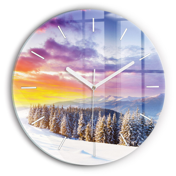 Round glass clock Winter Mountain Landscape