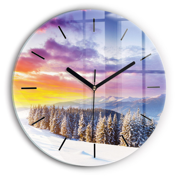 Round glass clock Winter Mountain Landscape