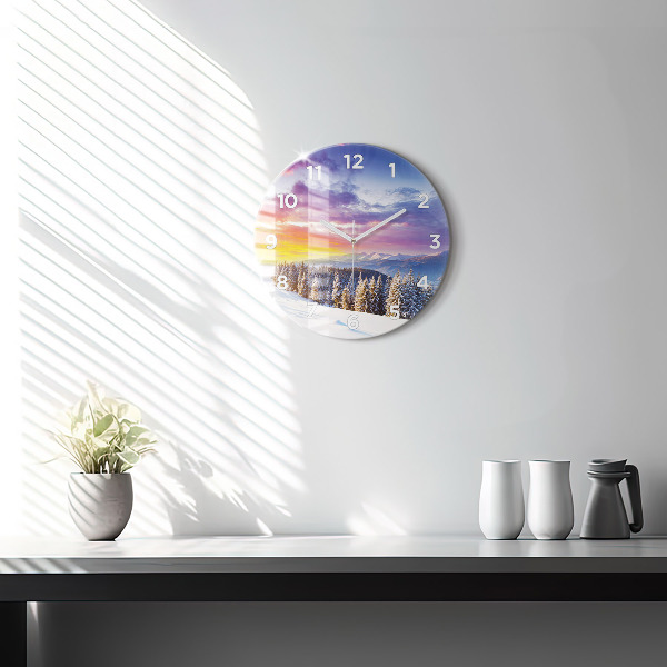 Round glass clock Winter Mountain Landscape