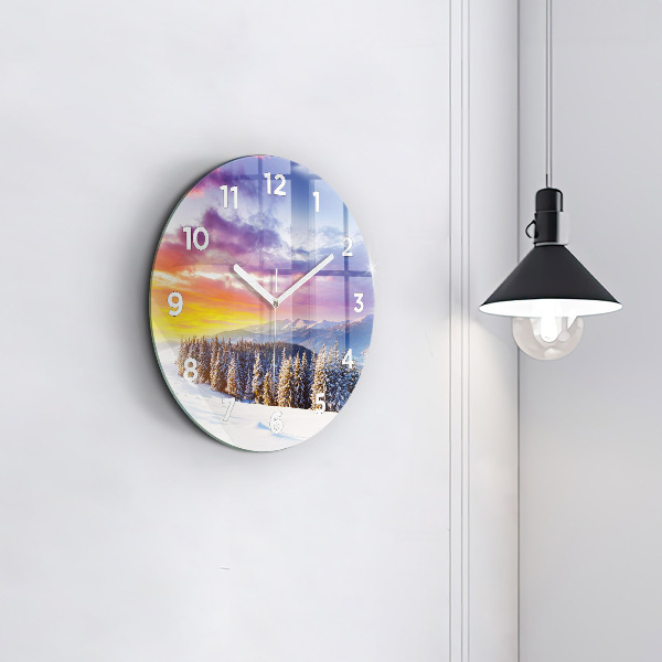 Round glass clock Winter Mountain Landscape