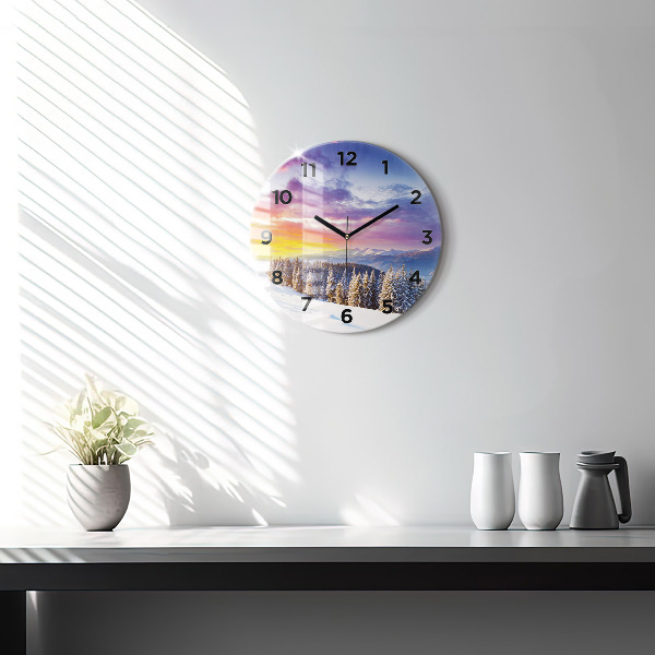 Round glass clock Winter Mountain Landscape