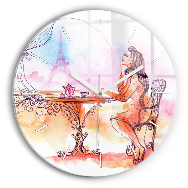 Round glass clock Woman drinking tea