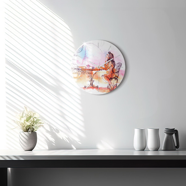 Round glass clock Woman drinking tea