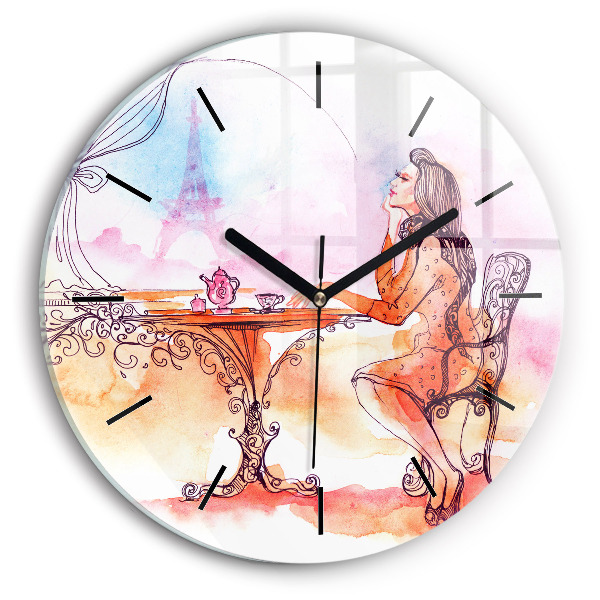 Round glass clock Woman drinking tea