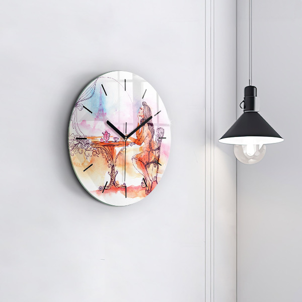 Round glass clock Woman drinking tea