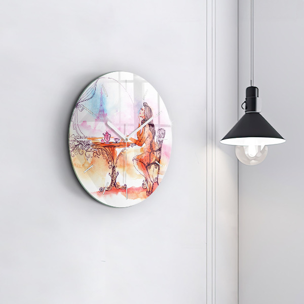Round glass clock Woman drinking tea