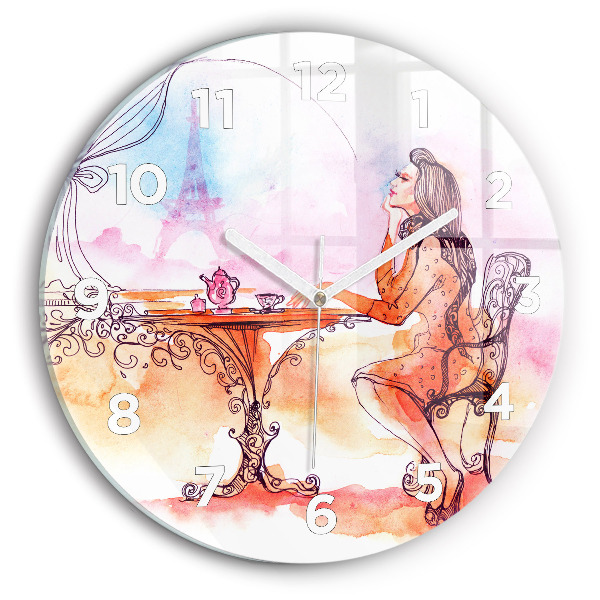 Round glass clock Woman drinking tea