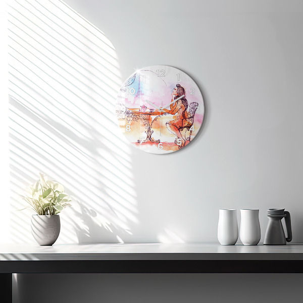 Round glass clock Woman drinking tea