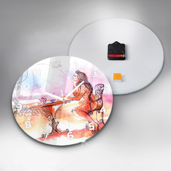 Round glass clock Woman drinking tea