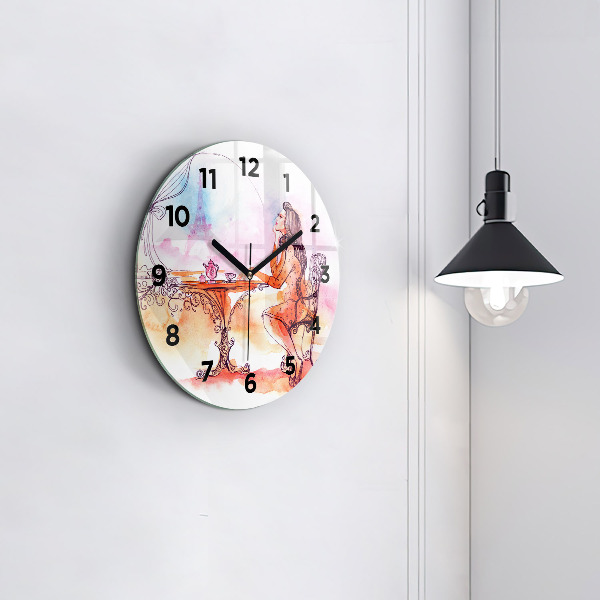 Round glass clock Woman drinking tea