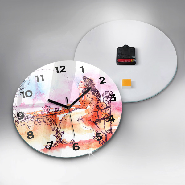 Round glass clock Woman drinking tea