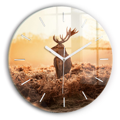 Round glass clock Deer at sunrise