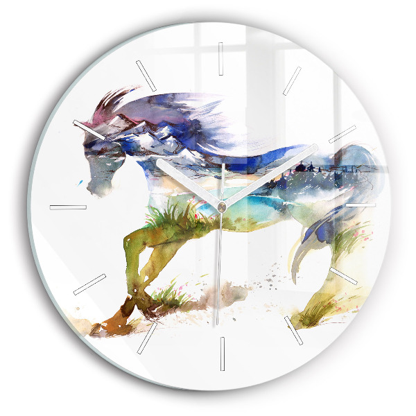 Round glass clock Painted Mountains and Horse