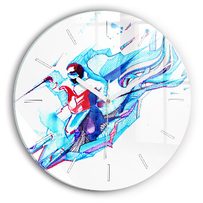 Round glass clock Skier