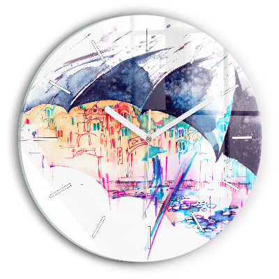 Round glass clock Rain umbrella and city