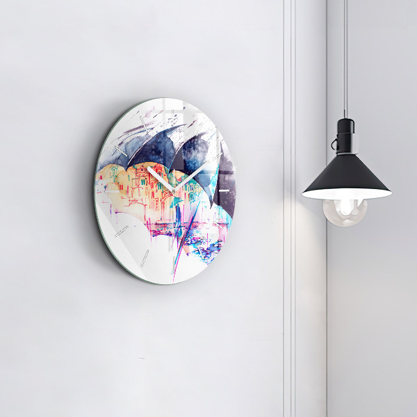 Round glass clock Rain umbrella and city