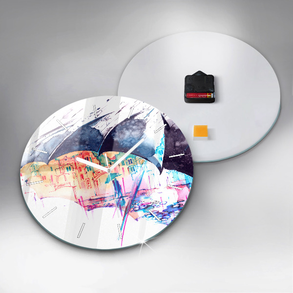 Round glass clock Rain umbrella and city