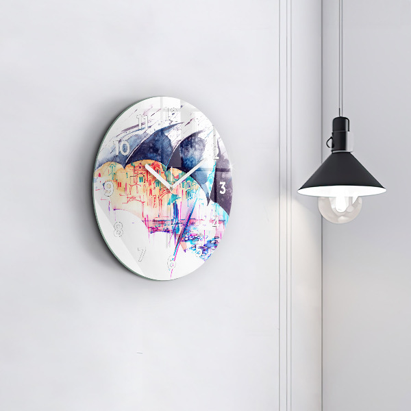 Round glass clock Rain umbrella and city