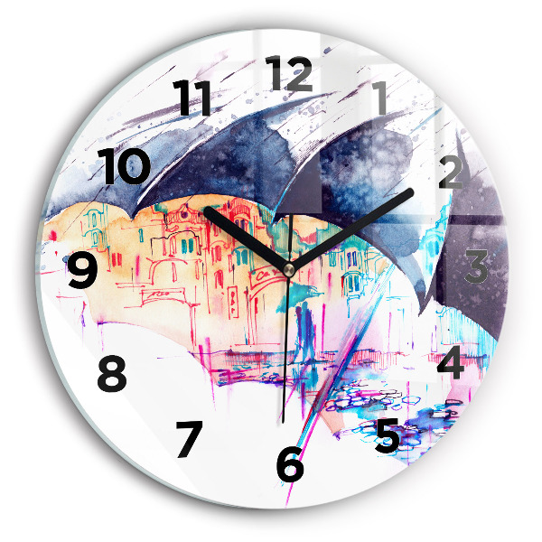Round glass clock Rain umbrella and city