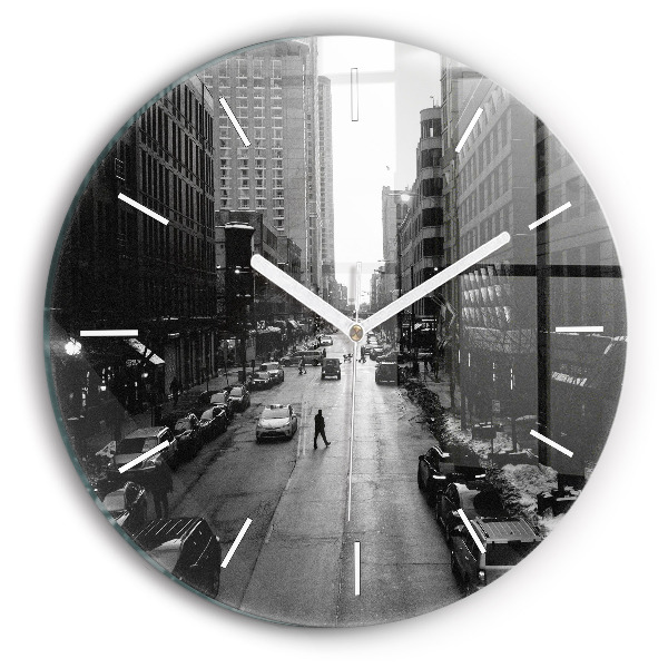 Round glass clock Chicago City Streets