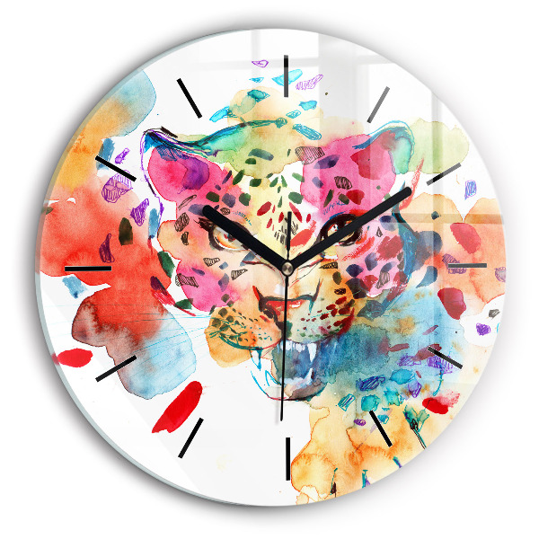 Round glass clock Abstract wild cat