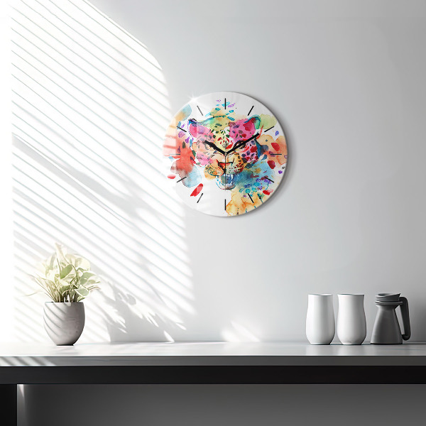 Round glass clock Abstract wild cat