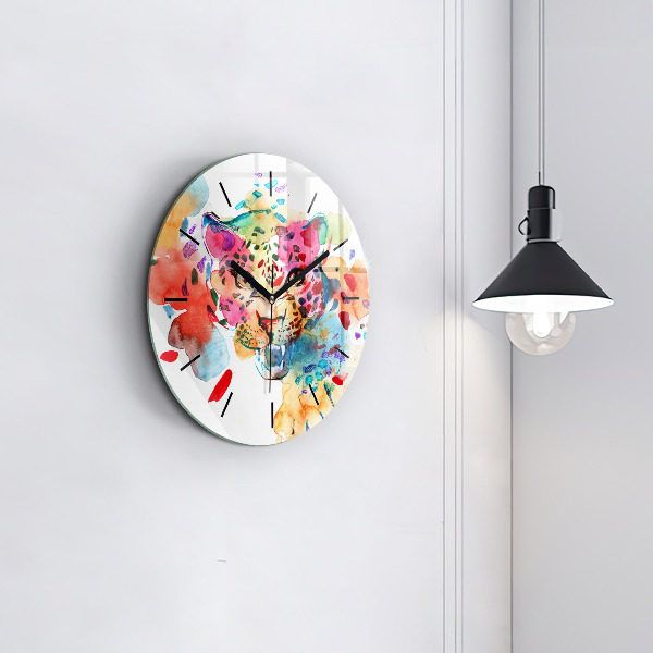 Round glass clock Abstract wild cat