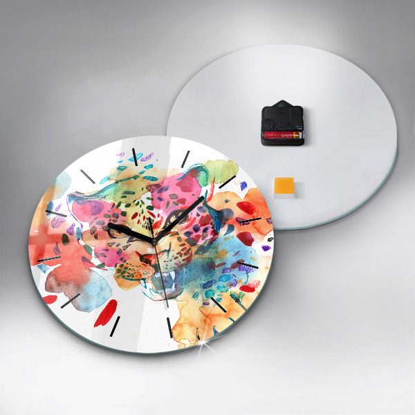Round glass clock Abstract wild cat