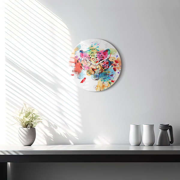 Round glass clock Abstract wild cat
