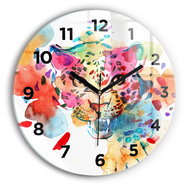 Round glass clock Abstract wild cat