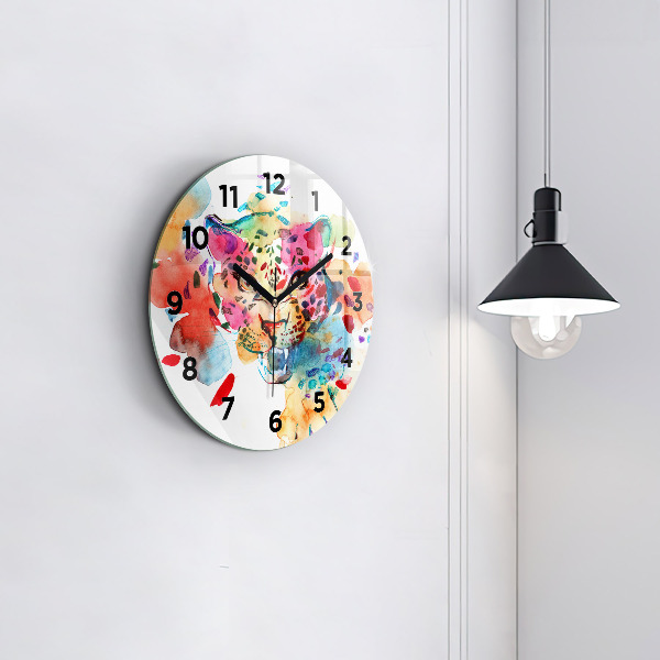 Round glass clock Abstract wild cat